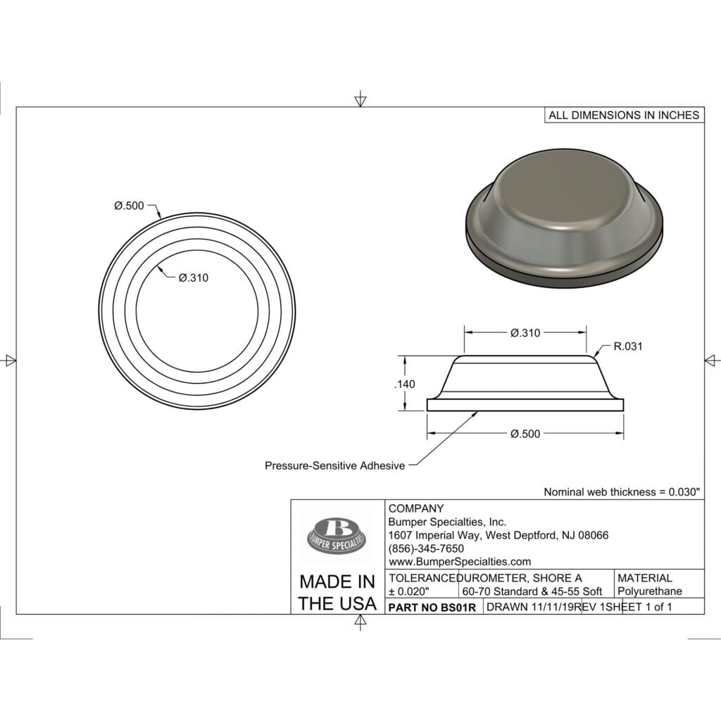 BS01R Self-Adhesive Polyurethane Bumper Line Drawing