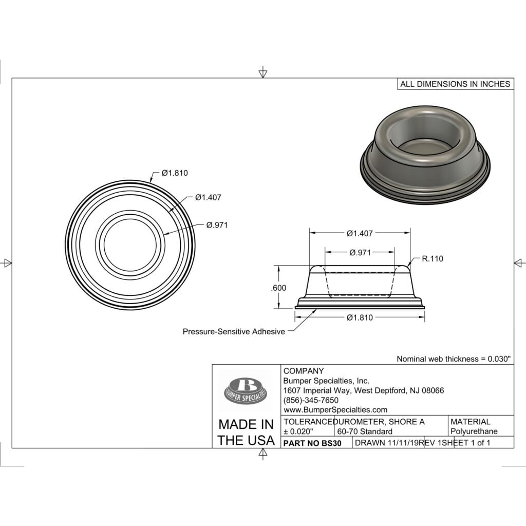 BS30 Self-Adhesive Polyurethane Bumper Line Drawing