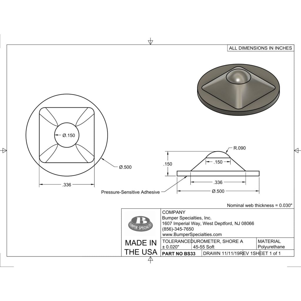 BS33SD Self-Adhesive Polyurethane Bumper Line Drawing